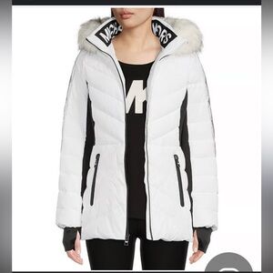 Michael Kors Women's Black and White Missy Faux Fur Hood Puffer Jacket